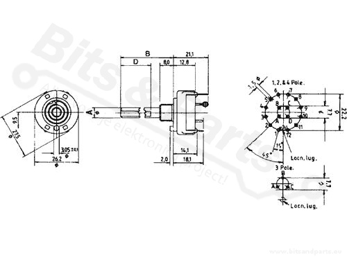 Draaischakelaar / rotary switch 6 posities / 2 polig / 50x6mm